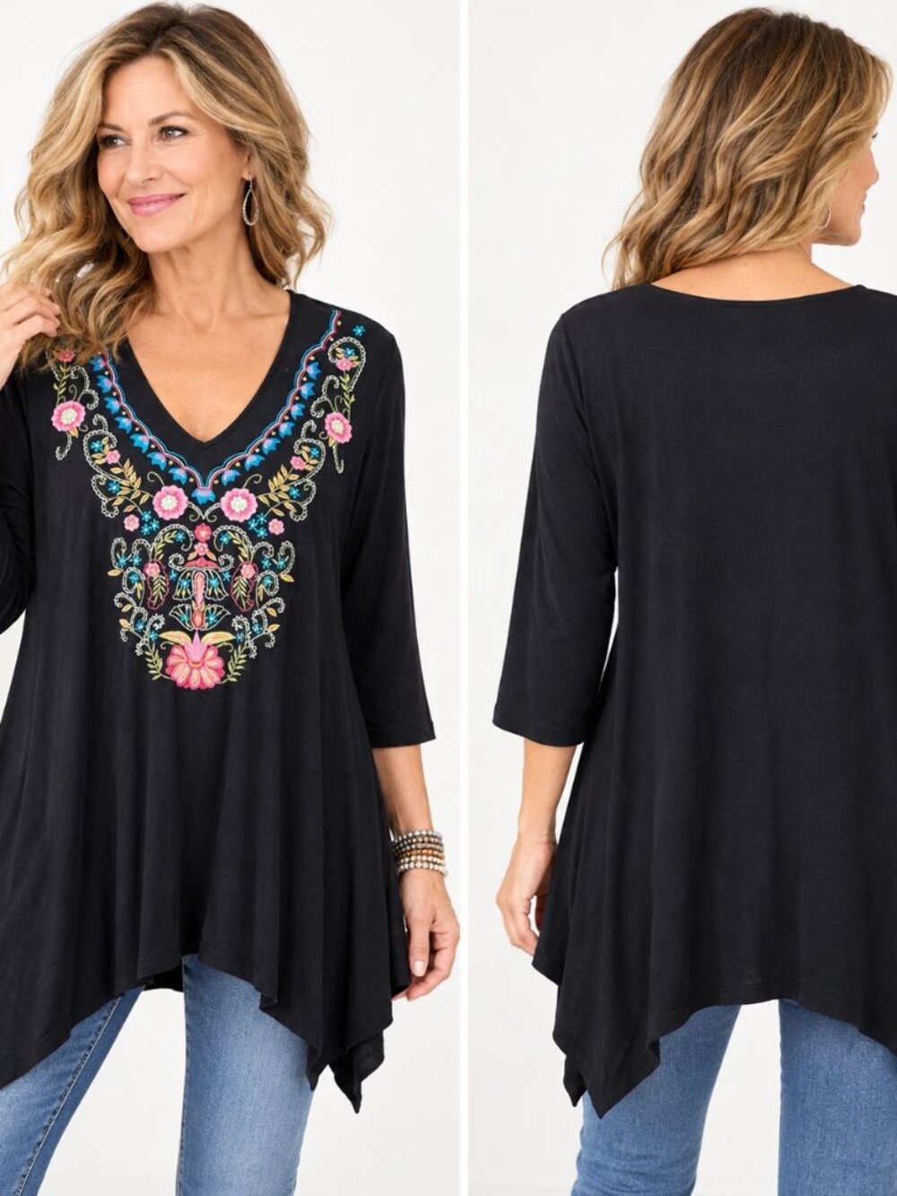 Soft Surroundings Adora Tunic L Black Embroidered Floral Boho Handkerchief Hem